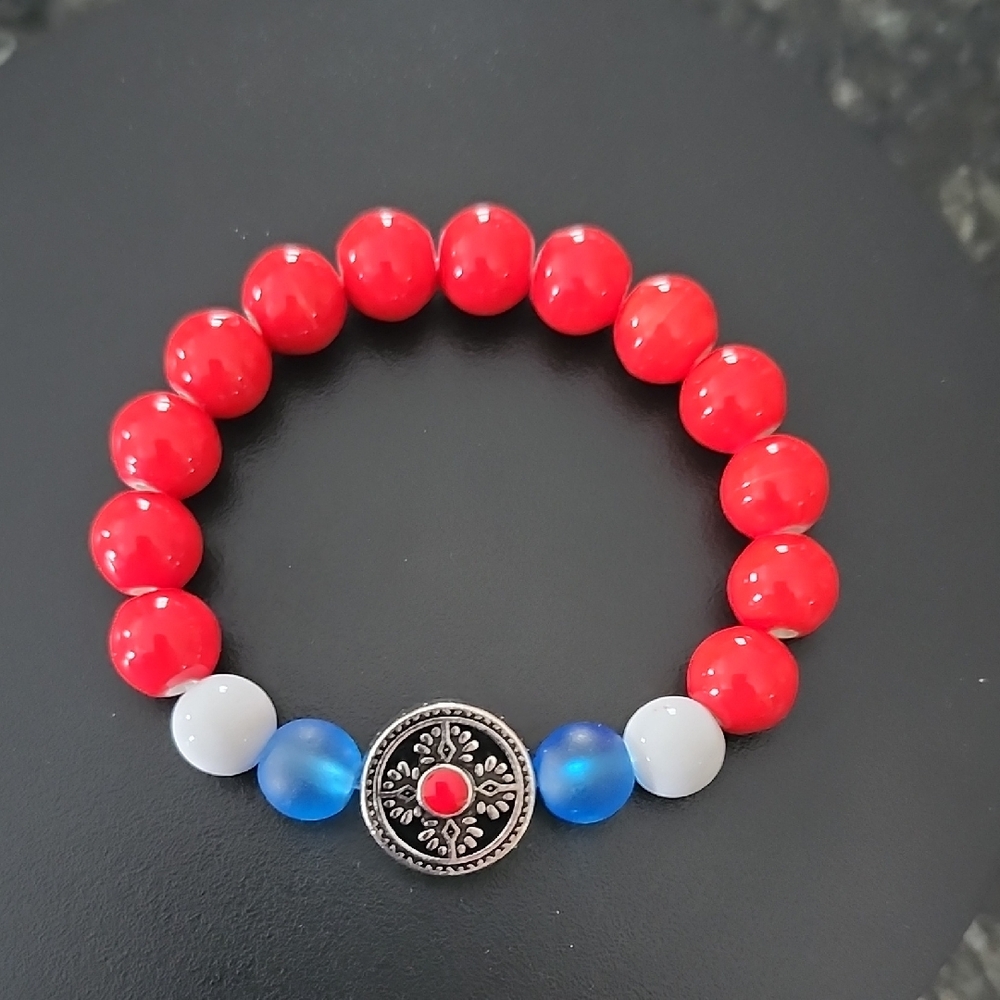 Handmade Vibrant Red and Blue Beaded Bracelet